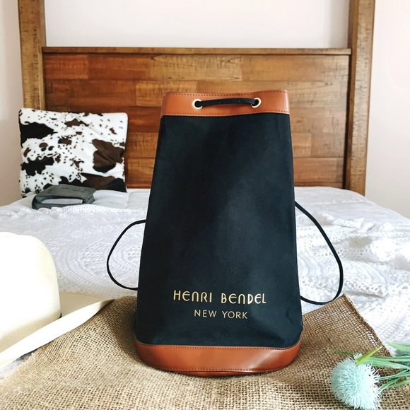 Henri Bendel black tan trim canvas backpack - Picture 2 of 15